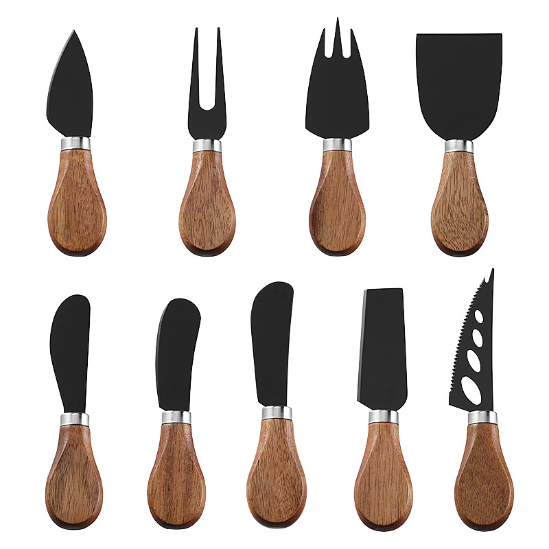Factory stock stainless steel black non-stick coated cheese knife, butter knife, tableware knife and fork, acacia wood cheese knife Item Picture