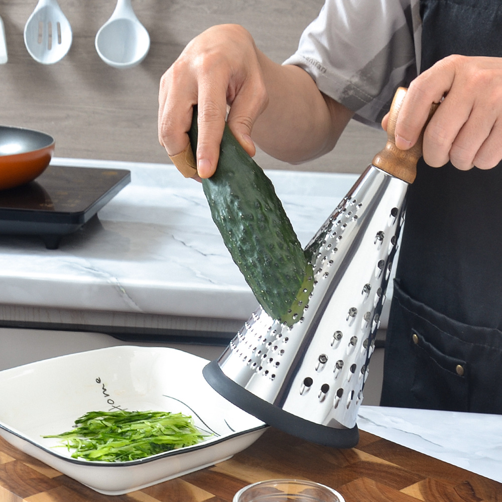 Cross-border stainless steel wooden handle conical grater, kitchen multi-functional three-sided grater, fruit, cheese and cheese grater Application Scenario