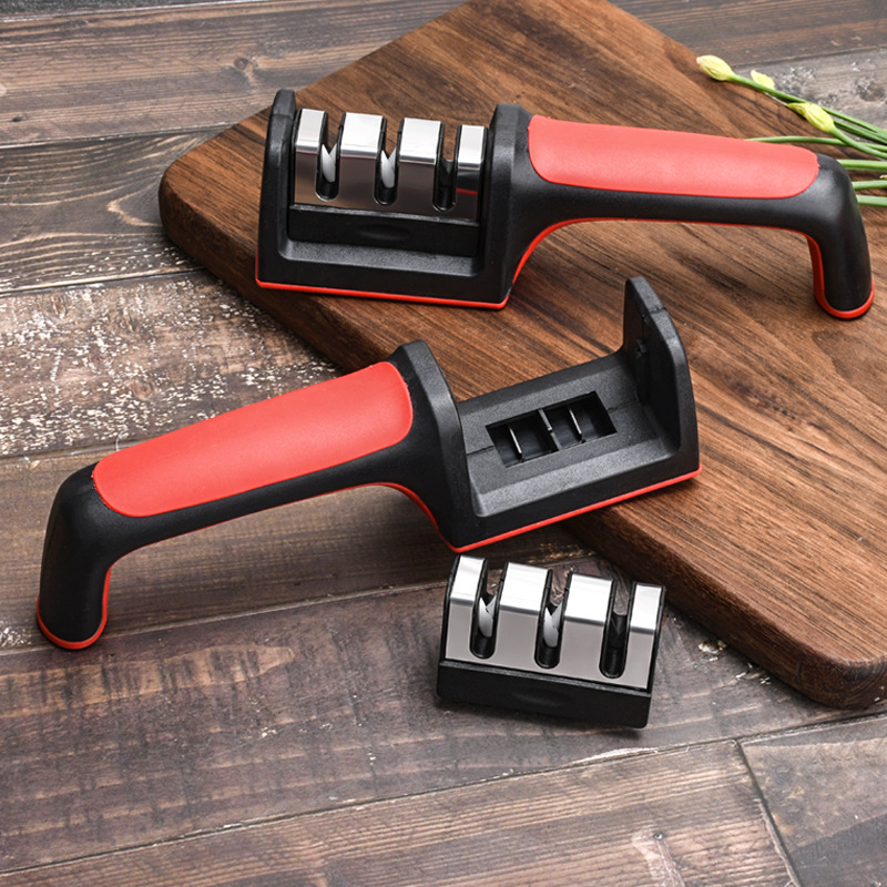Kitchen multi-functional three-slot knife sharpener, black and red three-stage rapid knife sharpener, tungsten steel ceramic whetstone full figure