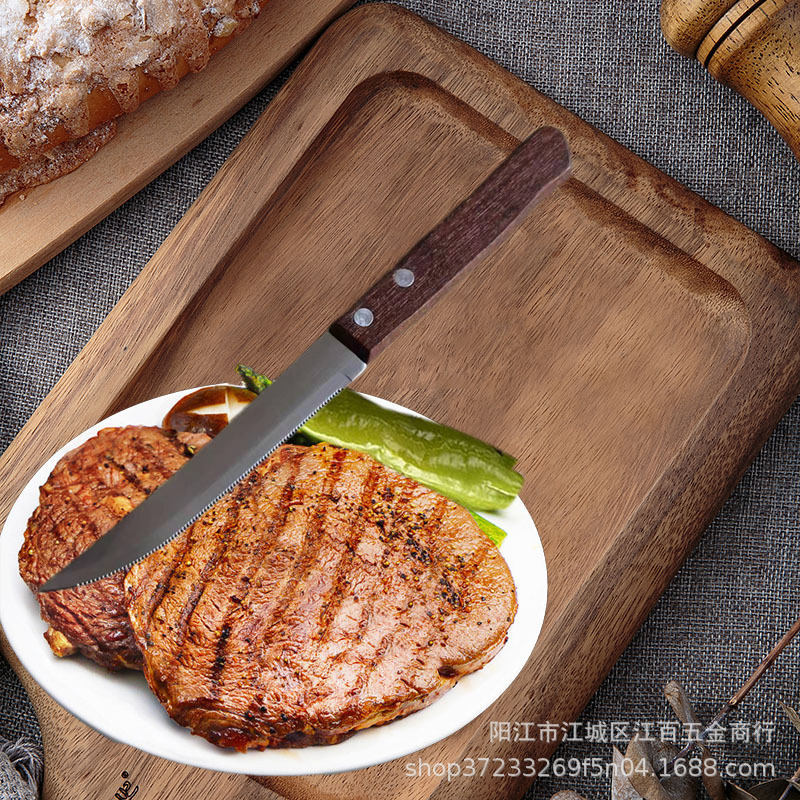 Factory in stock stainless steel wooden handle steak knives, barbecue knives, outdoor meat knives and table knives in Yangjiang Specification drawing