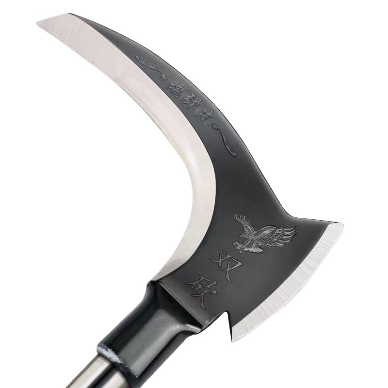 High manganese steel double-chop sickle, large long-handled agricultural straw and grass cutting, wide fan sickle, dual-purpose tree branch and firewood cutting knife Item Picture