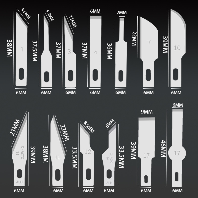 Engraving blades with pointed tips, No. 11 and No. 16, film application, paper-cutting, No. 4 and No. 17, flat tips, are specially designed for glue scraping and maintenance full figure