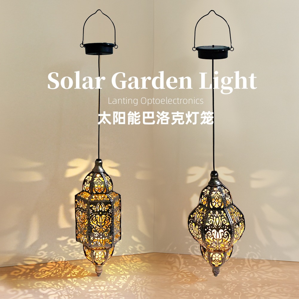Cross-border outdoor solar hexagonal lanterns, garden courtyard atmosphere decorative lights, Moroccan hollowed-out projection lights, waterproof full figure