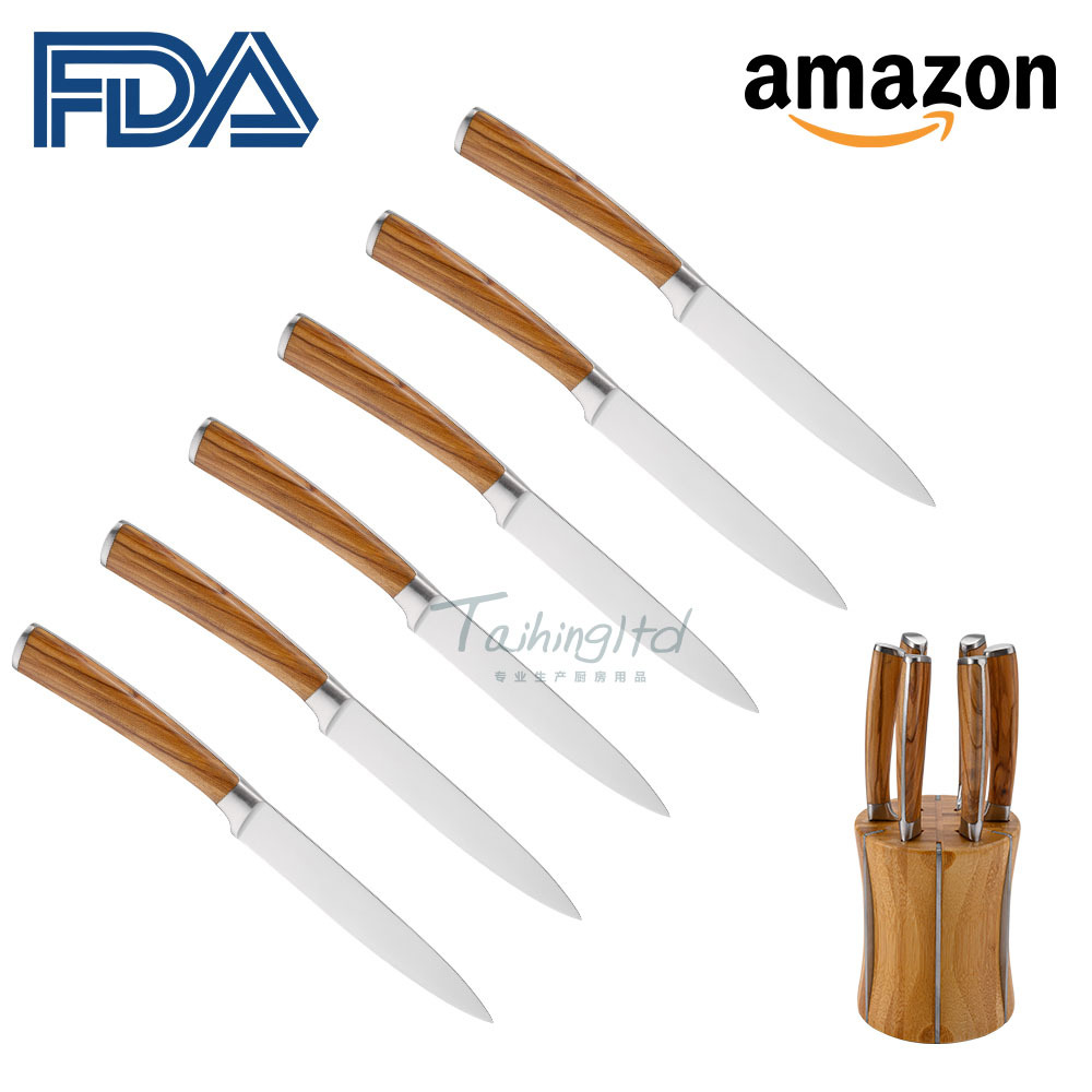 New 6-piece set of olive wood steak knife and 6-piece set of stainless steel Western steak knife and fork with bamboo stand Specification drawing
