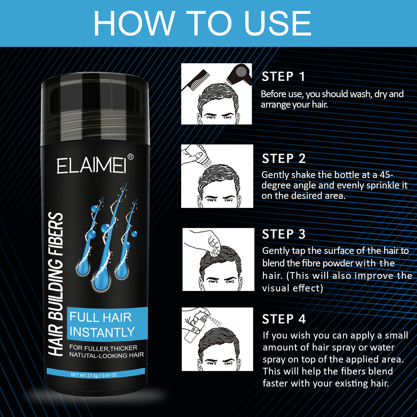 ELAIMEI Cross-border Hair Fibers Powder Hair Fibers Spray Hair Thick and Dense Hair Fibers Powder Specification drawing
