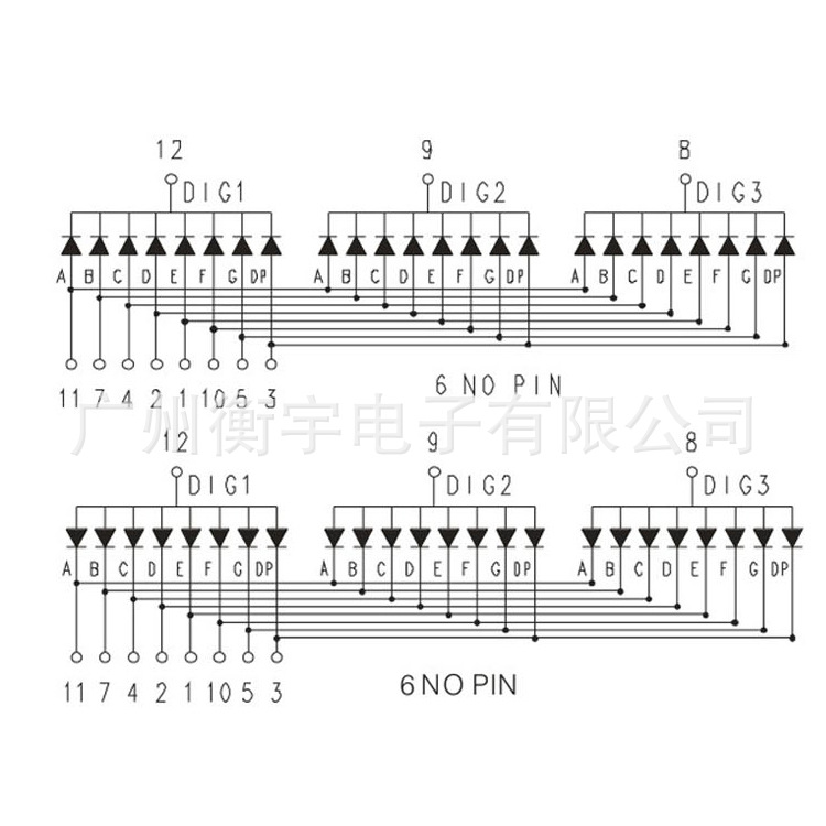 0.36-inch 3-digit digital tube, red: 3361AS (co-negative), 3361BS(co-positive) Item Picture