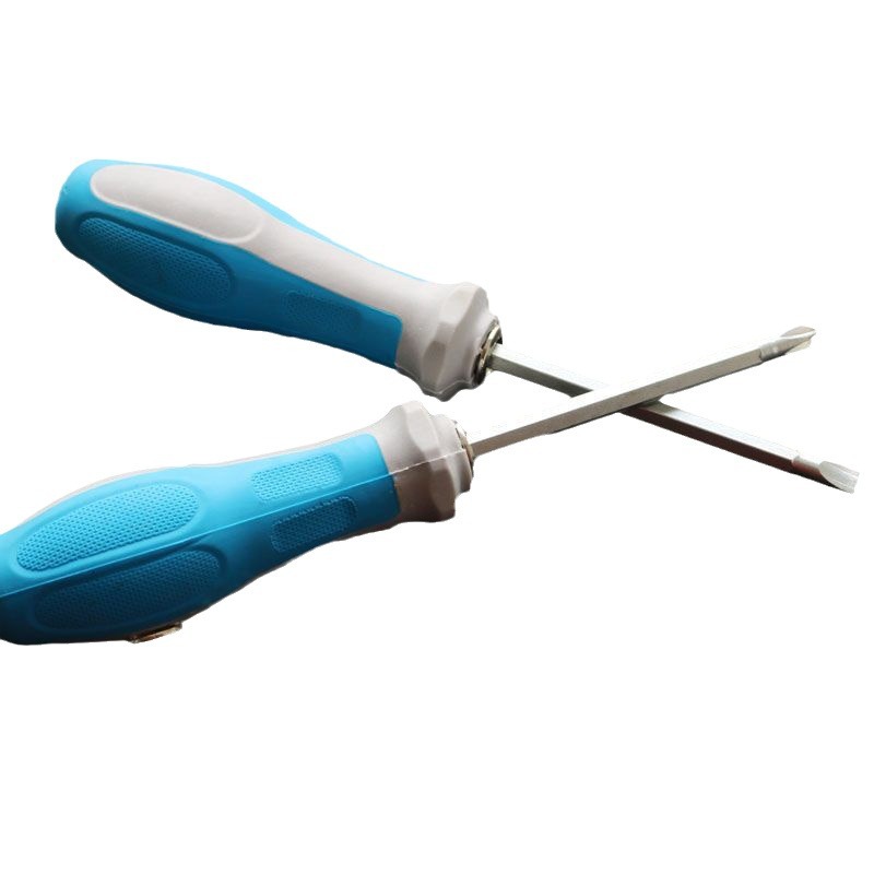 Blue rubber-handled 4-inch three-purpose screwdriver, manual tool, cross flat-head screwdriver Item Picture