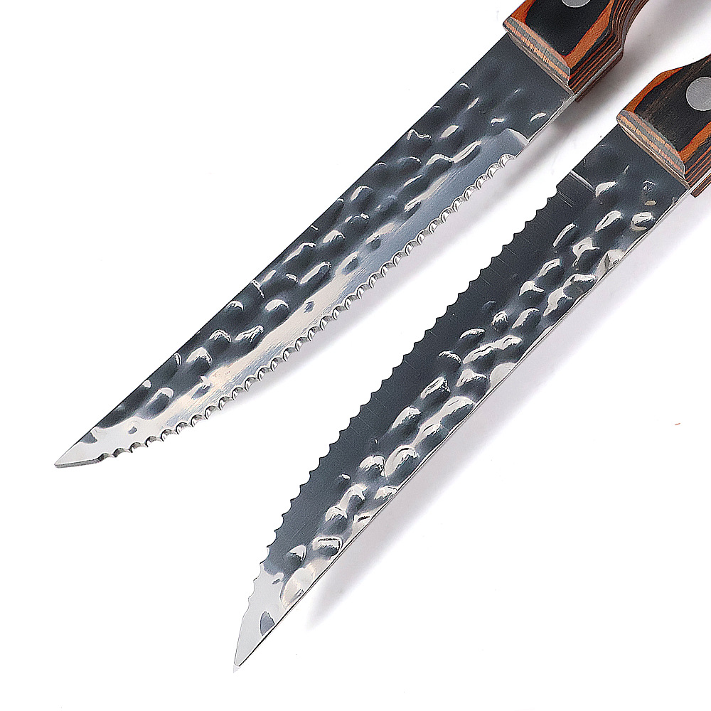 Stainless steel hammer-textured steak knife, colored wooden handle steak knife, Western-style meat cutter, serrated knife, restaurant household Western-style knife Specification drawing