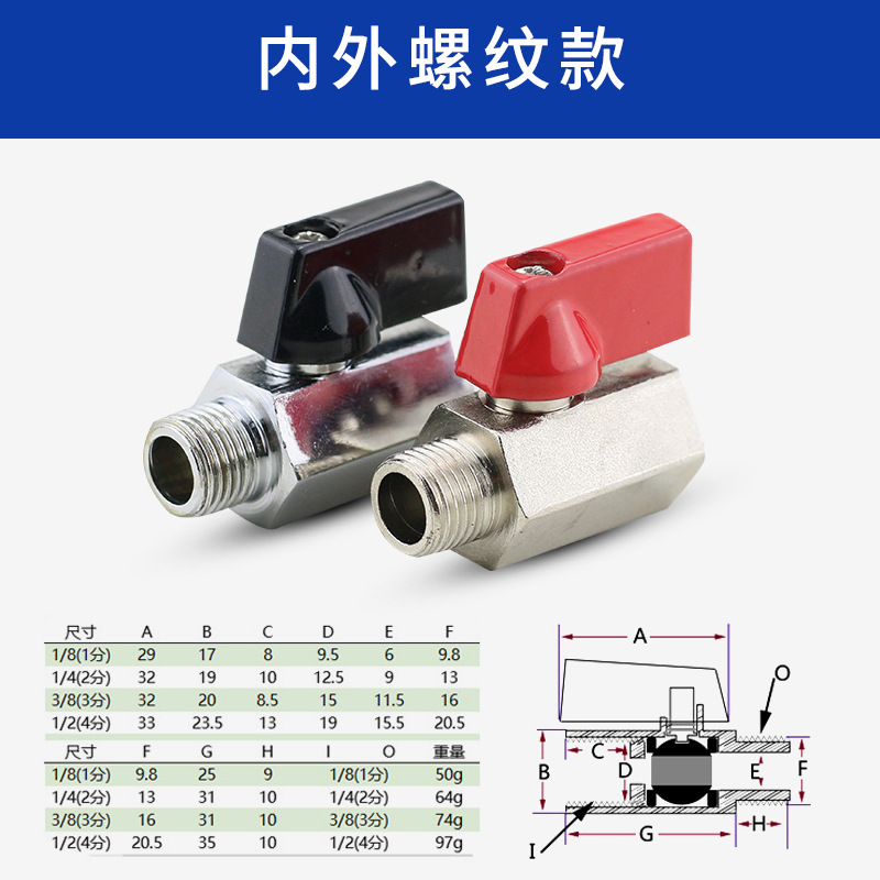 Mini ball valve, 1-point, 2-point, 3-point, 4-point polished and frosted NPT internal and external thread double internal thread brass hexagonal valve pneumatic details Picture