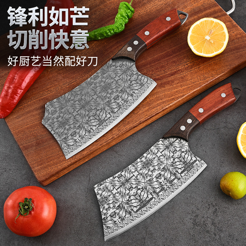 Handmade kitchen knives from the source factory, with sharp slicing and cutting edges, are used for cutting meat. They have a double-color handle with etched patterns and an integrated frame. They are dual-purpose knives details Picture