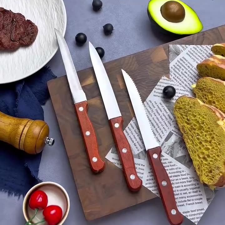 Factory wholesale of wooden-handled fruit knives, household serrated knives, sharp steak knives specially designed for hotels and Western cuisine, and pointed boning knives Application Scenario