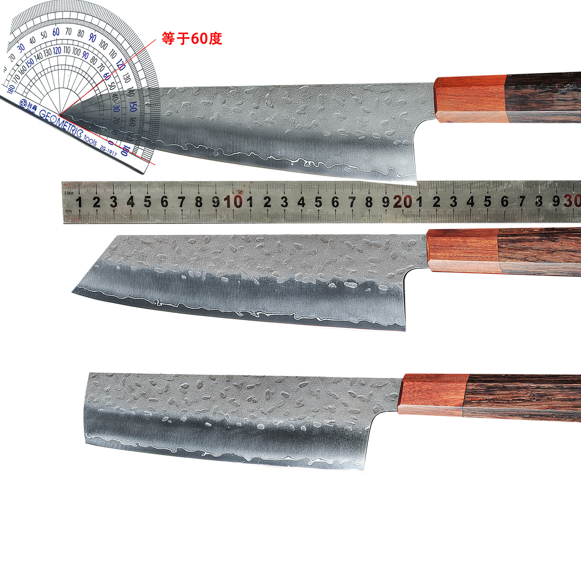 Japanese-style forged hammer pattern three-piece set octagonal handle chef's knife, cutting pair knife, kitchen knife, sushi cooking knife factory wholesale Application Scenario