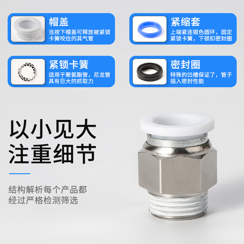 Quick coupler copper-nickel-plated pneumatic coupler air pipe thread quick plug PC8-01/12-04pc thread straight-through imperial system details Picture
