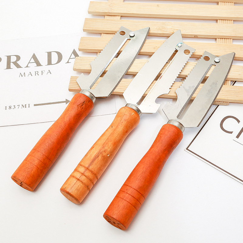 Wooden handle four-purpose planer, stainless steel fruit peeler, multi-functional peeler, kitchen fruit and vegetable peeler full figure