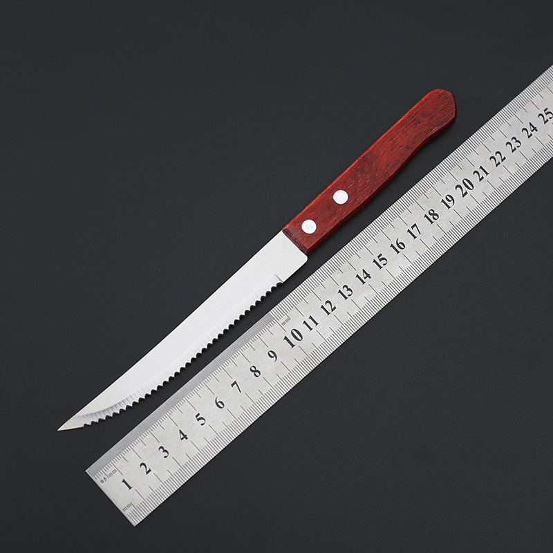Wooden-handled steak knife, household steak cutting tableware, steak knife, Western cuisine knife, serrated stainless steel barbecue kitchenware details Picture