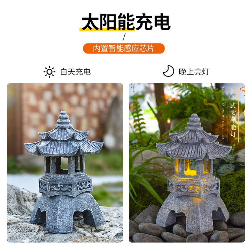 Outdoor solar-powered new Chinese-style palace lantern statue ornaments, outdoor Buddhist implements, Zen-inspired stone pagoda statues, resin handicrafts details Picture