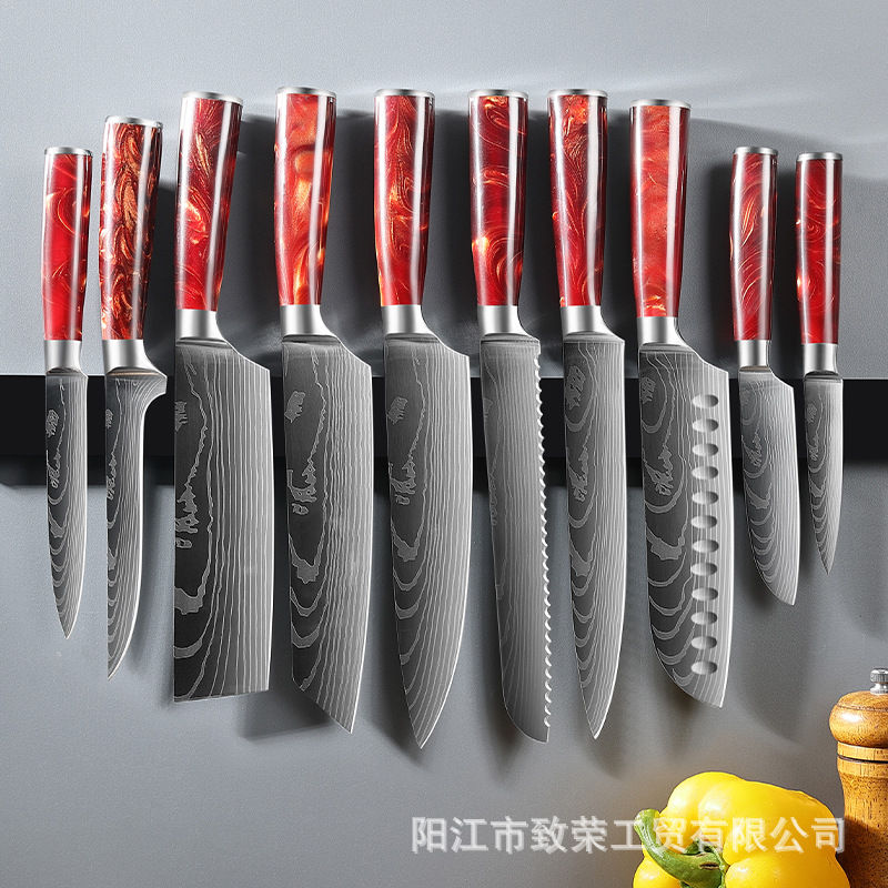 Original manufacturer's red resin handle Damascus laser pattern set meat slicer, chef's knife, Santoku knife full figure