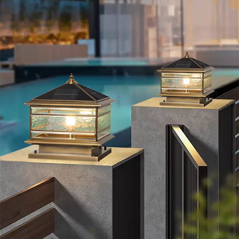 All-copper column head lamp, solar waterproof outdoor garden lamp, household power connection, villa gate column, fence column lamp Specification drawing