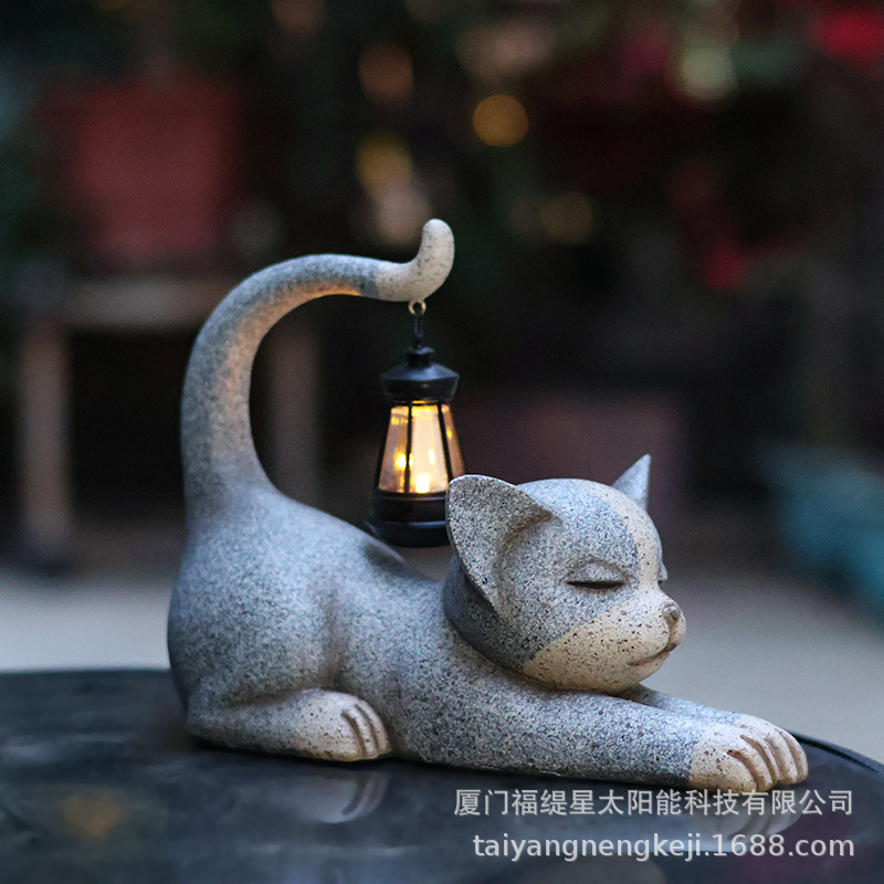 Cross-border solar garden lamps, resin animal ornaments, garden balcony, courtyard decoration, lawn, cat statue ornaments Specification drawing