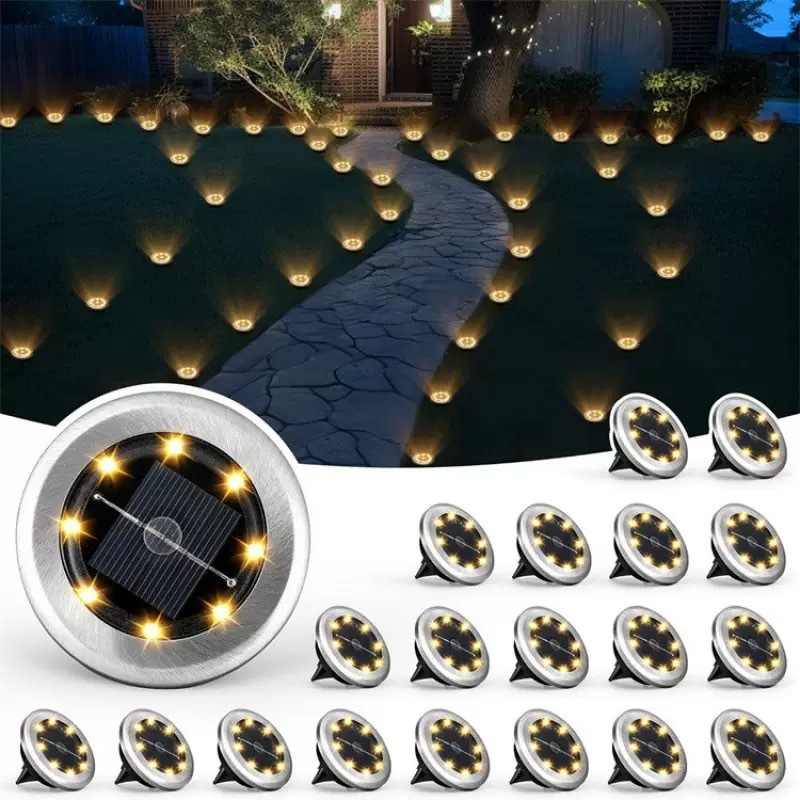 New outdoor solar 8-LED stainless steel ground light, courtyard lawn light, road and garden waterproof ground plug light full figure
