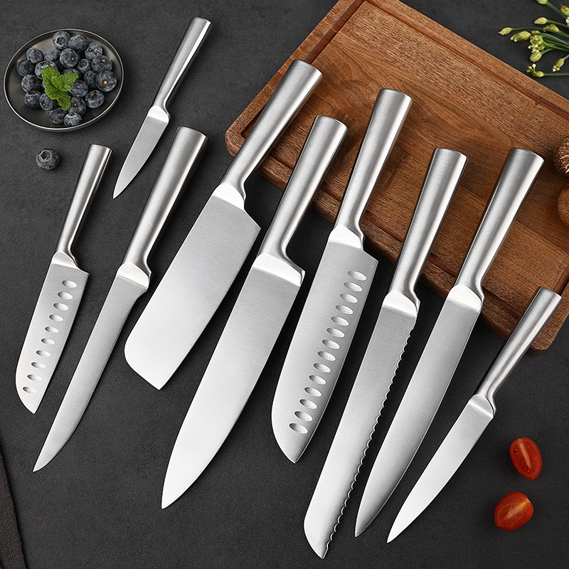 Cross-border foreign trade export hollow-handled all-steel kitchen knife sets, chef knives, Santak knives, bread knives, and boning knives full figure