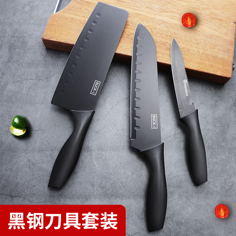 German black steel knife set, kitchen knife and cutting board two-in-one household stainless steel kitchenware, auxiliary food and fruit knife details Picture
