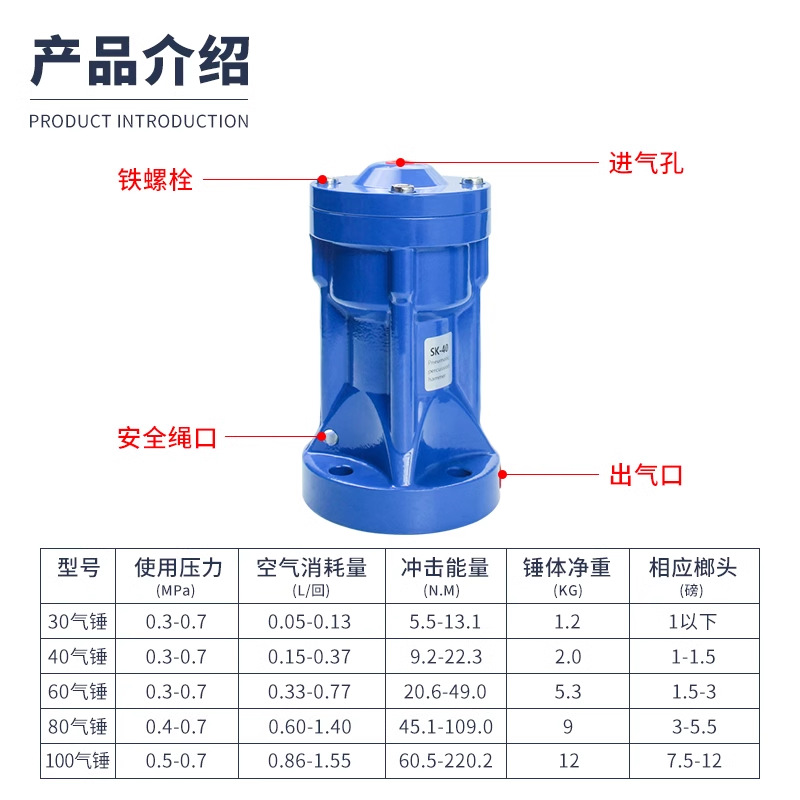 Pneumatic striking hammer AH/ZC/SX/SK-30 40 60 80 100 Stainless steel air hammer vibration/striking device Specification drawing