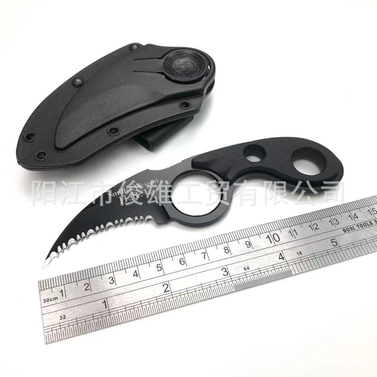 Outdoor claw survival mini straight knife, portable toothed knife, Smith Wison camping steak knife with K sheath full figure