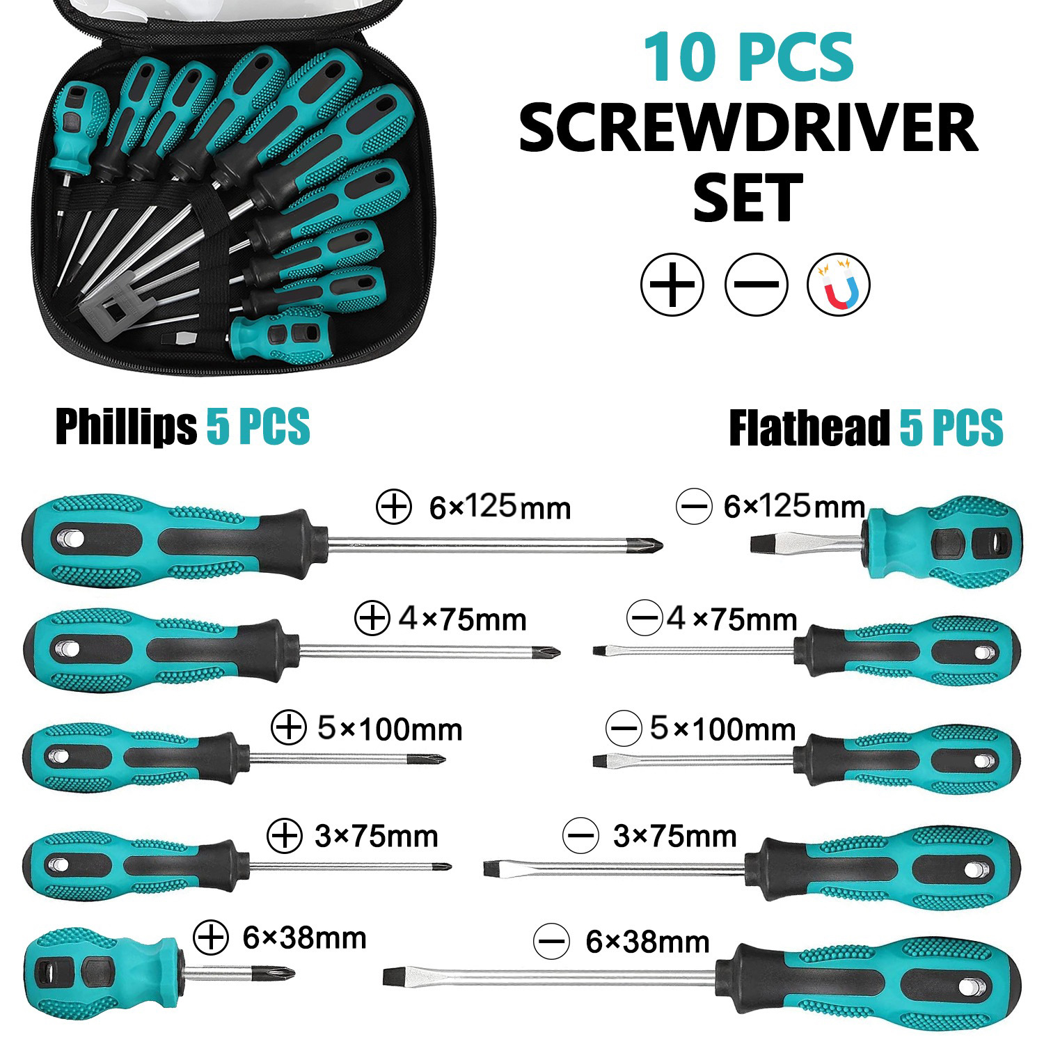 Ten-piece screwdriver tool set, multi-functional manual screwdriver set, complete set of cross and straight screwdrivers with magnetic screwdrivers full figure