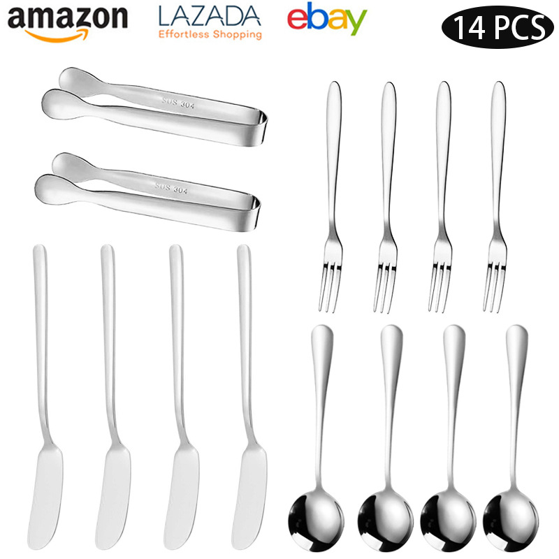 Amazon stainless steel cheese knife, butter spread knife, 14-piece set, butter knife, ice clip set, coffee spoon, sugar cube clip full figure