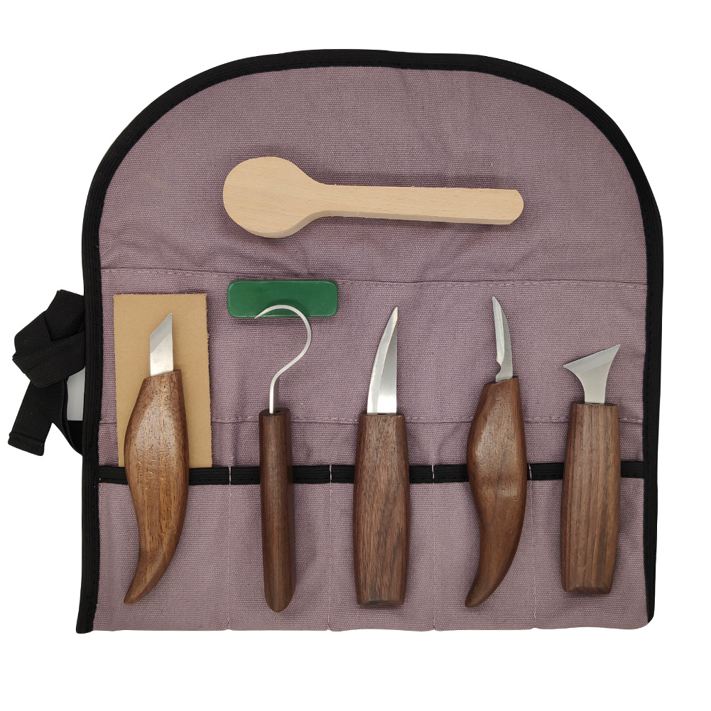 A 7-piece walnut wood chrome-vanadium steel carving knife, wood chipper, wood scraper, spoon knife and woodworking carving set full figure