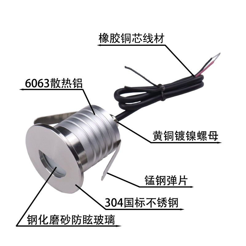 LED ground lights, semi-circular 12V and 24V, stainless steel outdoor embedded step lights, 1W and 3W waterproof ground lights, courtyard and garden Specification drawing