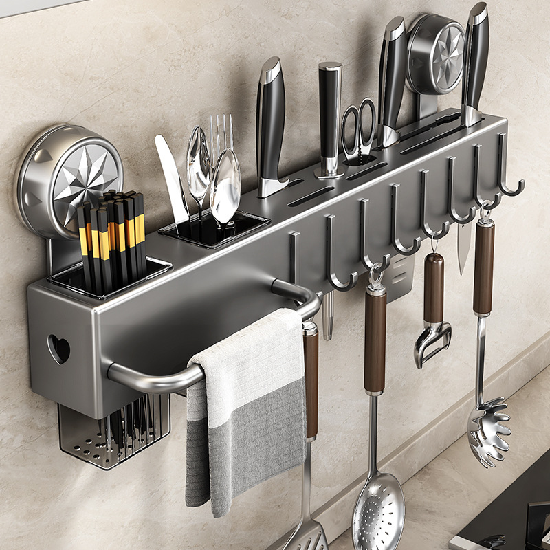 Non-drilling suction cup kitchen storage rack, wall-mounted multi-functional chopsticks and knife rack, household storage hanging rack full figure
