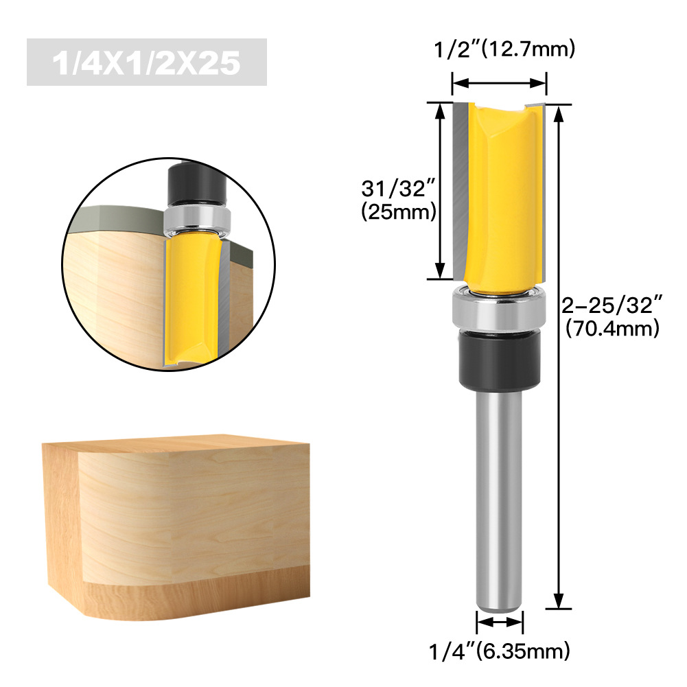 1/4 handle profiling bearing trimming knife, woodworking milling cutter, double-edge bearing straight knife lengthened undefined