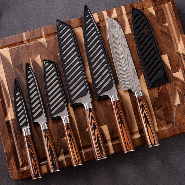 A new 6-piece set of 5CR15 stainless steel laser Damascus Japanese knife, chef knife and meat knife is now available in stock Specification drawing