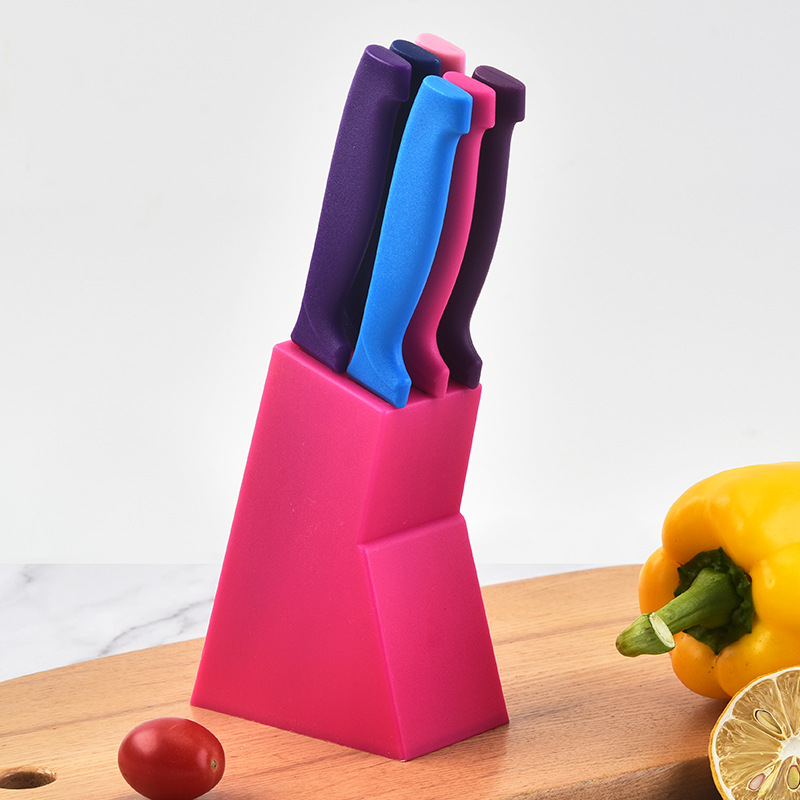 Stainless steel steak knife set, 6-piece serrated steak knife set, colored fruit knife with knife holder, wholesale kitchen knives full figure