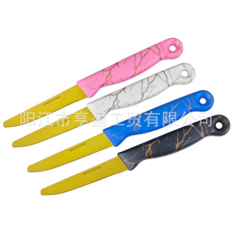 Cross-border best-selling plastic handle golden serrated steak knife and fruit knife wholesale household stainless steel fruit steak knife details Picture