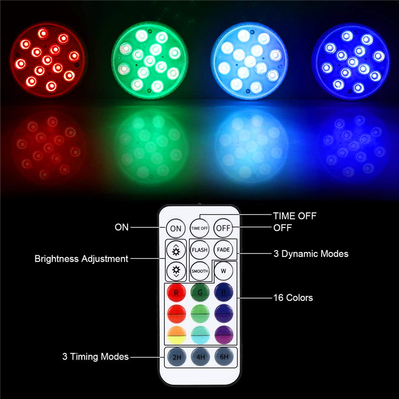 New double-layer waterproof LED 13-lamp rgb seven-color color-changing RF remote control diving lamp suction cup magnet fish tank swimming pool lamp details Picture
