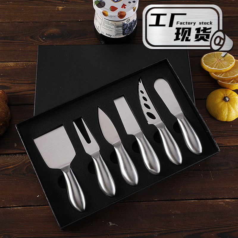Factory stock stainless steel hollow handle cheese knife six-piece gift box set, all-steel cheese knives, tableware, knives and forks full figure