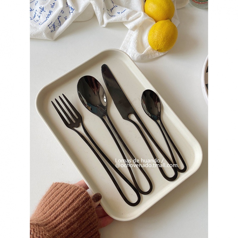 ins style stainless steel knife, fork and spoon Western tableware, metal style, black personality, rice spoon, steak knife, fruit fork, creative details Picture