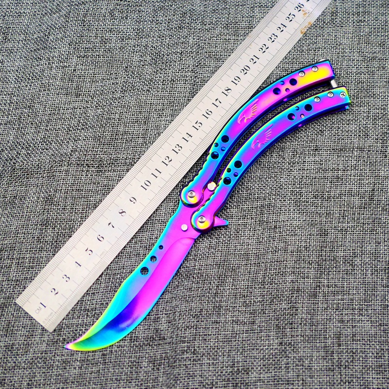 CSGO spring buckle Butterfly knife, folding butterfly swing practice knife, unedged claw training, curved knife toy, portable Specification drawing