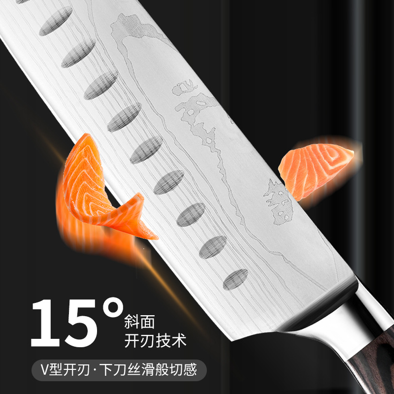 Cross-border Damascus laser-patterned chef knife, fruit knife, stainless steel knife set, Japanese knife, Santoku knife, kitchen knife details Picture