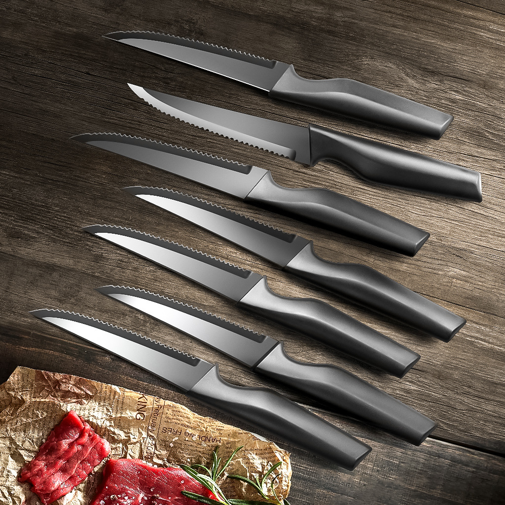 Western-style knife, hotel steak knife set, non-stick knife, household kitchen plastic-handled serrated steak knife, all-black knife details Picture
