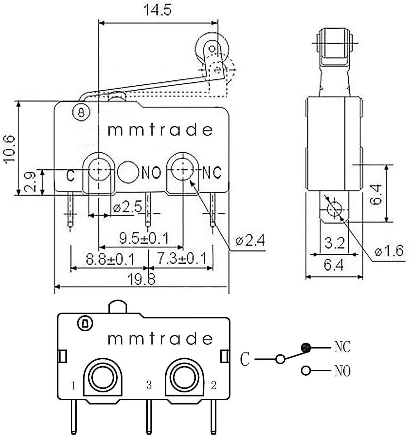 HUAZIZ 30 Stucke 250V 5A SPDT 1NO 1NC Momentary Scharnier R Specification drawing