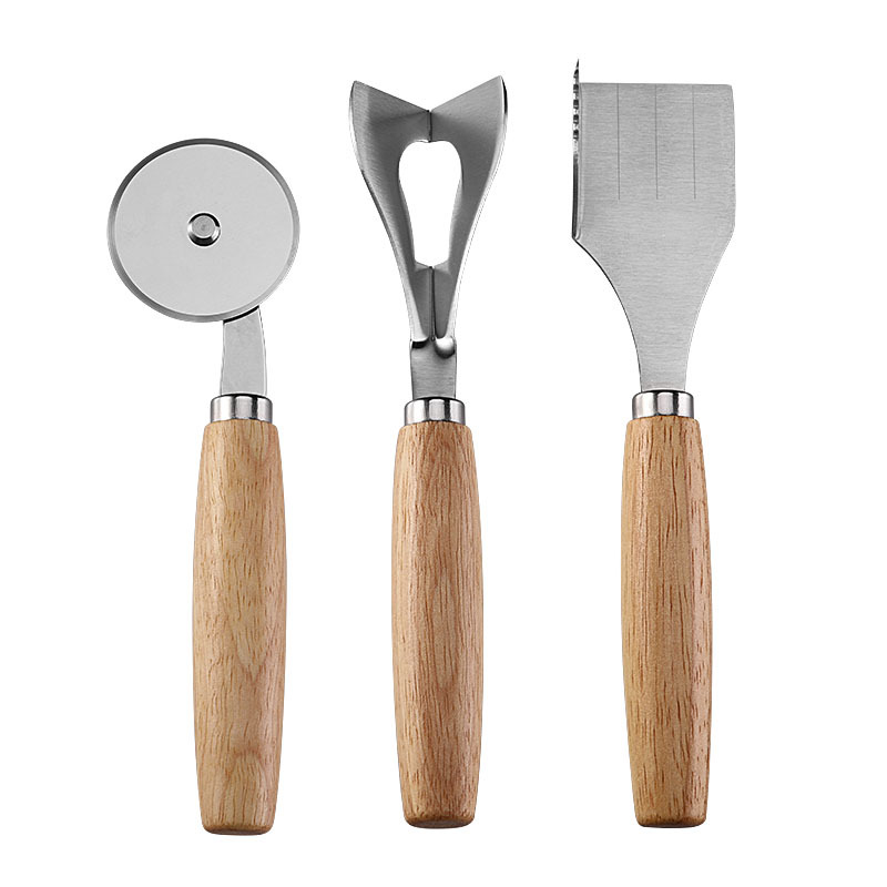 Cross-border stock rubber woodblock cheese and cheese knife, pizza wheel knife, stainless steel triangular right-angle butter cutting knife Item Picture
