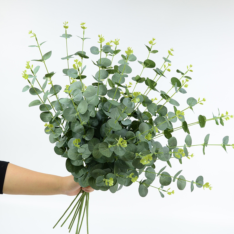 绢布5叉尤加利，单枝仿真尤加利，绿植软装搭配，庭院景观造型，花环插花 ，室内装饰，植物造景，商场布景婚庆装饰花