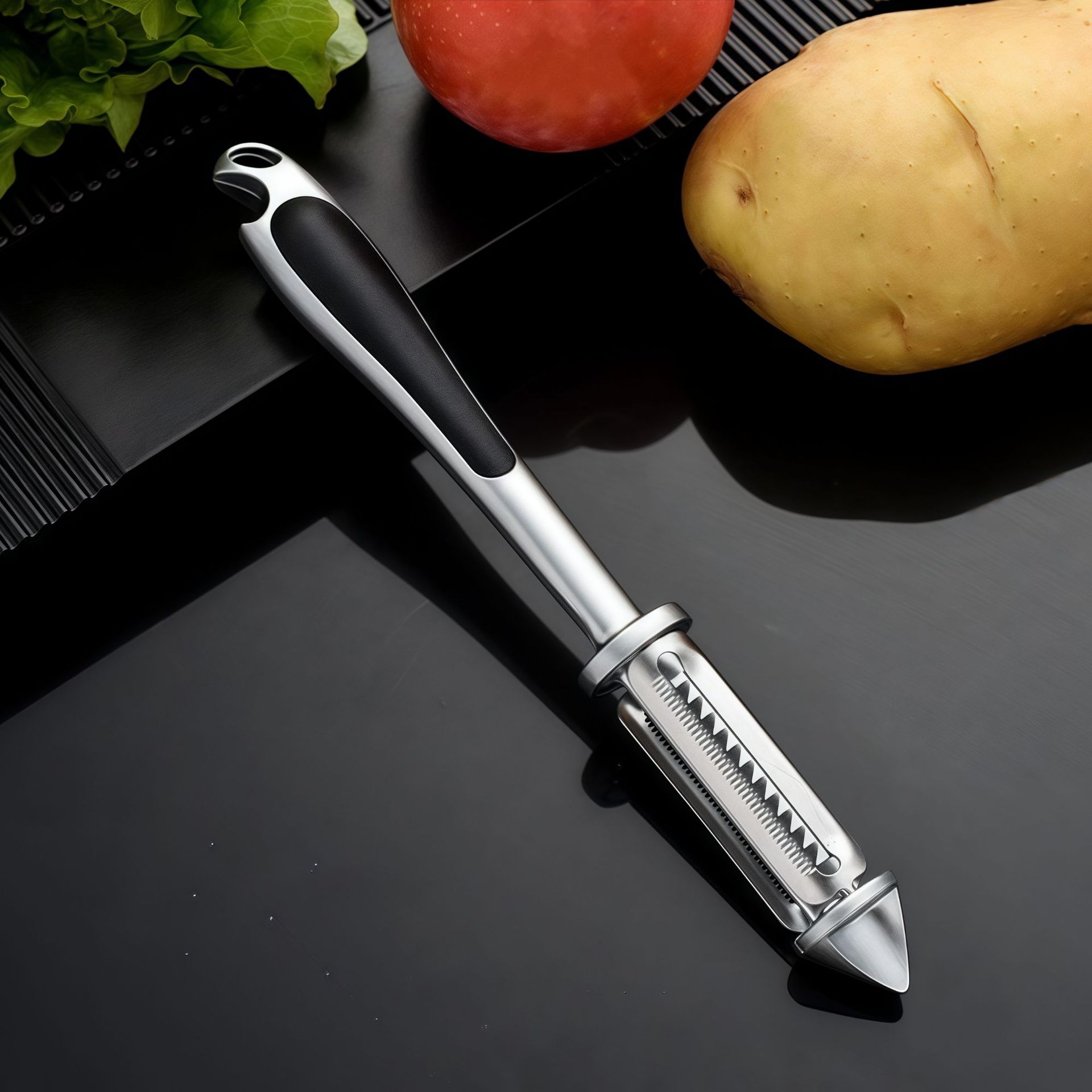 Multi-functional stainless steel peeler, peeler, fruit knife, household kitchen melon peeler, vegetable and fruit peeler, five-in-one Specification drawing