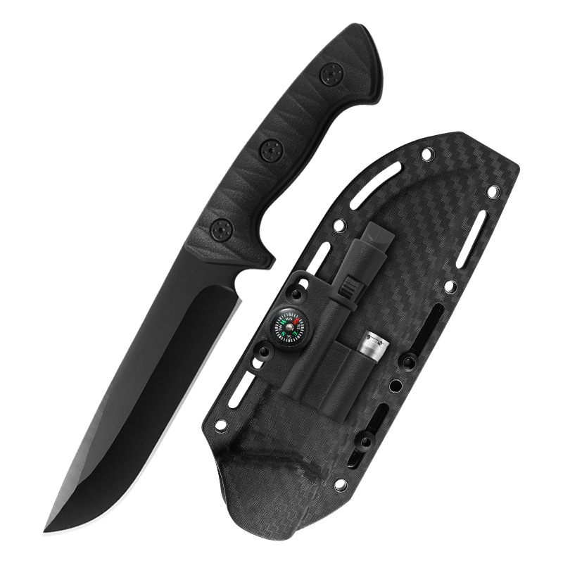 Outdoor knife, straight knife, tactical K sheath knife, camping survival knife with whistle, magnesium stick, compass, flashlight Item Picture