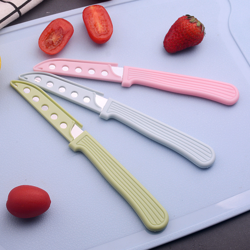 Wholesale portable straight knife for the kitchen, household fruit peel cutting knife, stainless steel colored sleeve mini fruit knife full figure