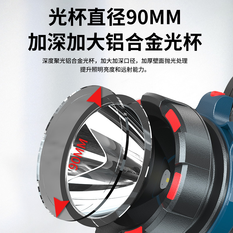 New cross-border high-intensity portable searchlight, outdoor camping light, mountain climbing, fishing, waterproof patrol, rechargeable flashlight Specification drawing